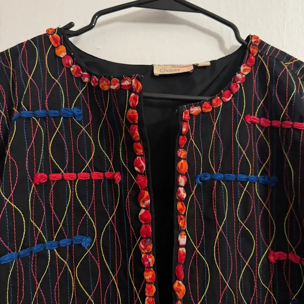 Multicolored Embroidery Boho‎ Bohemian Indie Artsy Teacher Black Blazer